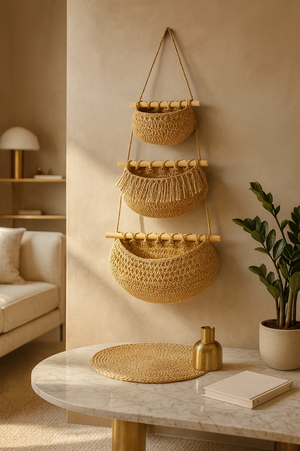 Panier mural rotin – Set de 3 paniers suspendus