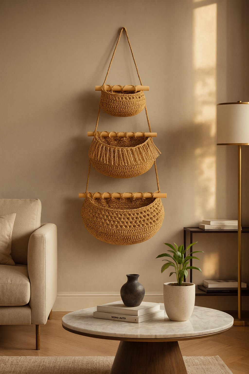 Panier mural rotin – Set de 3 paniers suspendus