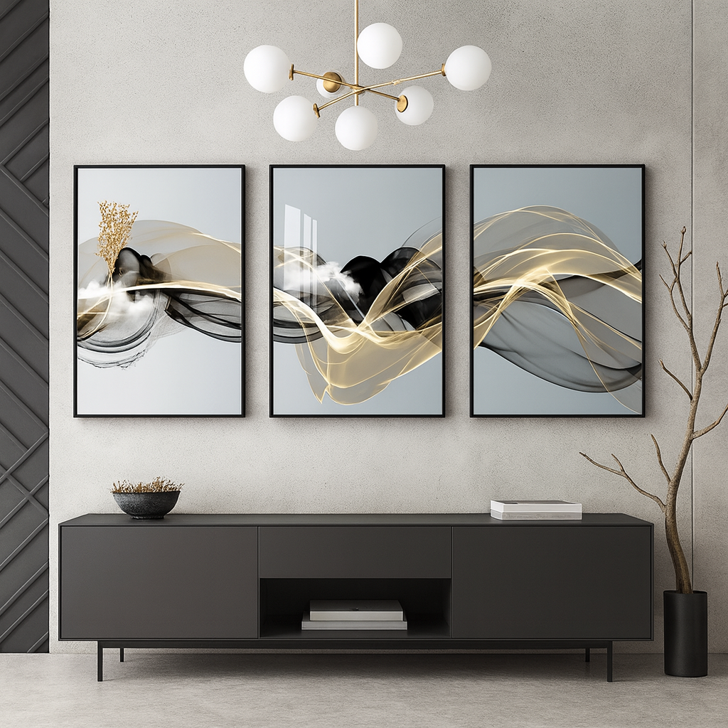 Lot de 3 Affiches Art Moderne – Fluidité Dorée
